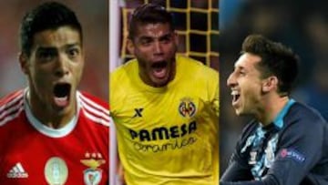 Ra&uacute;l Jim&eacute;nez, Jonathan Dos Santos y H&eacute;ctor Herrera, tres de los 11 futbolistas mexicanos que han marcado goles este a&ntilde;o en las principales ligas europeas.