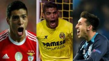 Raúl Jiménez, Jonathan Dos Santos y Héctor Herrera, tres de los 11 futbolistas mexicanos que han marcado goles este año en las principales ligas europeas.