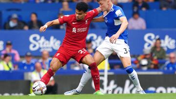 Liverpool's Luis Diaz (left) and Everton's Nathan Patterson during the Premier League match at Goodison Park, Liverpool. Picture date: Saturday September 3, 2022. (Photo by Peter Byrne/PA Images via Getty Images)