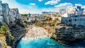 Polignano a Mare, Italy - October 1st, 2018: Scenic view of Lama Monachile Cala Porto beach in Polignano a Mare, province Bari, region Puglia, Sauthern Italy