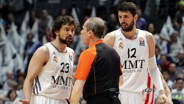 Llull y Mirotic, juntos con el Real Madrid, en el playoffs de cuartos de 2014 contra el Olympiacos.
