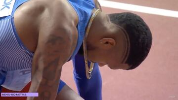 Anthony en posición para empezar los 400m en el Mundial de Atletismo