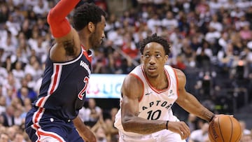 TORONTO, ON - APRIL 17: DeMar DeRozan #10 of the Toronto Raptors drives the ball against John Wall #2 of the Washington Wizards in Game Two of the Eastern Conference First Round in the 2018 NBA Play-offs at the Air Canada Centre on April 17, 2018 in Toron