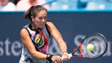 Aug 15, 2022; Cincinnati, OH, USA;  Daria Kasatkina (RUS) returns a shot during her match against Amanda Anisimova (USA) at the Western & Southern at the at the Lindner Family Tennis Center. Mandatory Credit: Susan Mullane-USA TODAY Sports