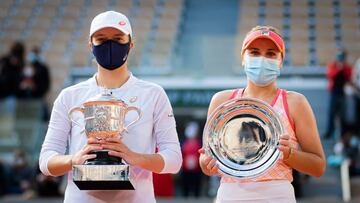 Iga Swiatek of Poland & Sofia Kenin of the United States with their trophies after the final of the 2020 Roland Garros Grand Slam tennis tournament
AFP7
10/10/2020 ONLY FOR USE IN SPAIN