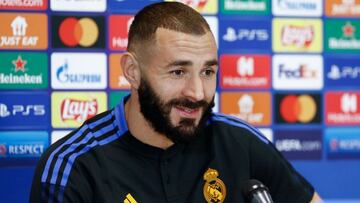 Karim Benzema, delantero del Real Madrid, en una rueda de prensa en la UEFA Champions League.