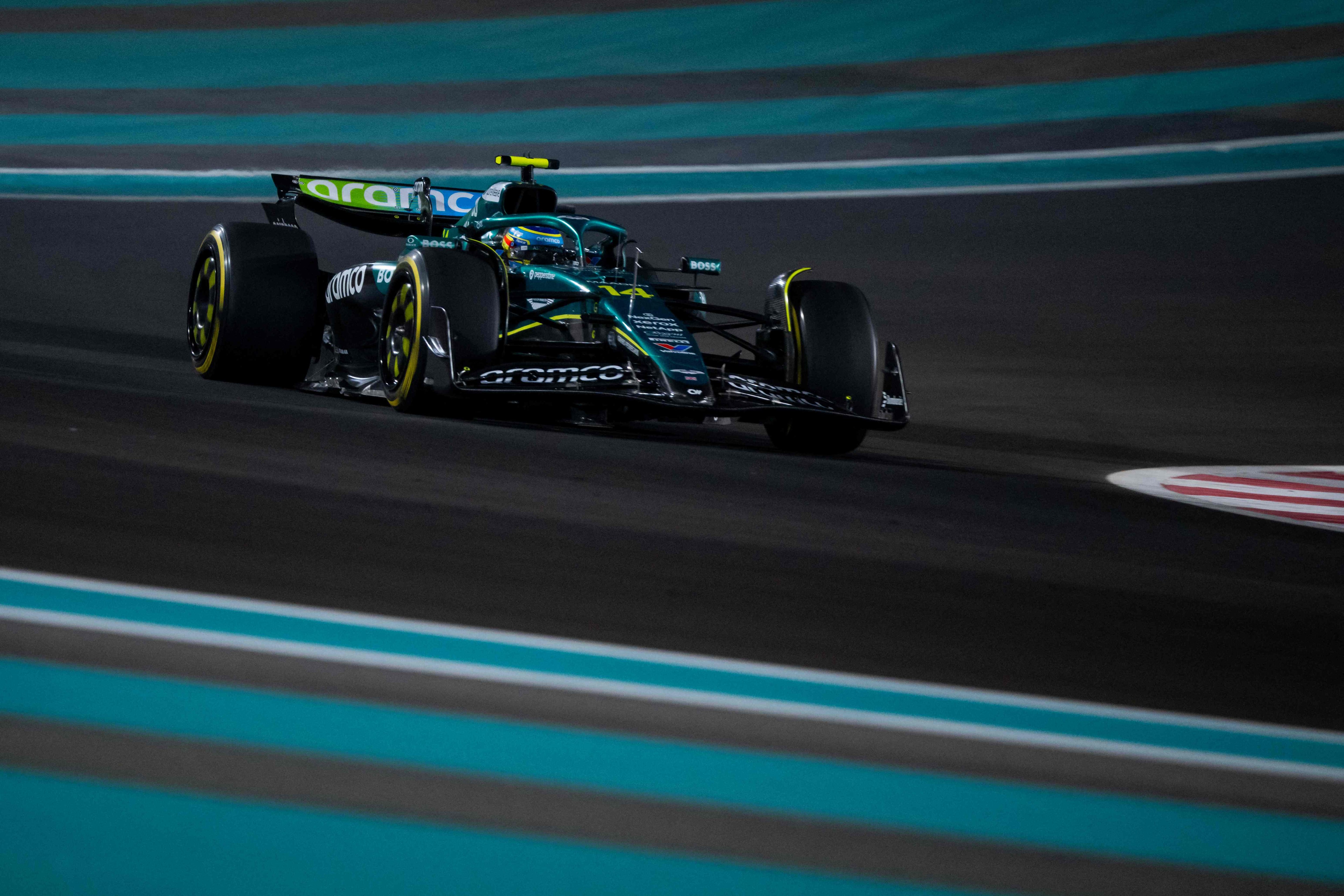Aston Martin's Spanish driver Fernando Alonso drives during the second practice session ahead of the Abu Dhabi Formula One Grand Prix at the Yas Marina Circuit in Abu Dhabi on December 5, 2025. (Photo by Andrej ISAKOVIC / AFP)