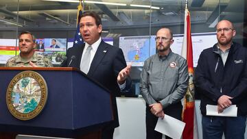 Florida Governor Ron DeSantis, flanked by Adjutant General of Florida Major General John Haas, Division of Emergency Management Director Kevin Guthrie and Secretary of the Florida Department of Transportation Jared Perdue, speaks about Hurricane Helene during a press briefing at the Emergency Operations Center in Tallahassee, Florida, U.S., September 26, 2024. REUTERS/Phil Sears