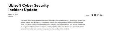 Ubisoft suffers cyberattack, but there's "no evidence" that personal data has been stolen