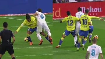 Lemos derriba a Nacho y Míchel traba a Casemiro dentro del área.