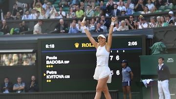 Wimbledon (United Kingdom), 02/07/2022.- Paula Badosa of Spain celebrates winning against Petra Kvitova of the Czech Republic during their Women's third round match at the Wimbledon Championships, in Wimbledon, Britain, 02 July 2022. (Tenis, República Checa, España, Reino Unido) EFE/EPA/ANDY RAIN EDITORIAL USE ONLY