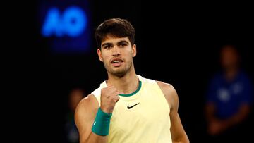 Tennis - Australian Open - Melbourne Park, Melbourne, Australia - January 22, 2024 Spain's Carlos Alcaraz reacts during his fourth round match against Serbia's Miomir Kecmanovic REUTERS/Issei Kato