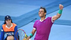 Spain&#039;s Rafael Nadal celebrates winning the men&#039;s singles quarter-final match against Canada&#039;s Denis Shapovalov on day nine of the Australian Open tennis tournament in Melbourne on January 25, 2022. (Photo by William WEST / AFP) / -- IMAGE RESTRICTED TO EDITORIAL USE - STRICTLY NO COMMERCIAL USE --