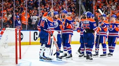 Jun 21, 2024; Edmonton, Alberta, CAN; Edmonton Oilers goaltender Stuart Skinner (74) celebrate win with teammates after defeating Florida Panthers in game six of the 2024 Stanley Cup Final at Rogers Place. Mandatory Credit: Sergei Belski-USA TODAY Sports