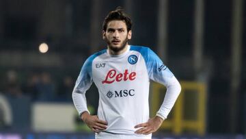 EMPOLI, ITALY - FEBRUARY 25: Khvicha Kvaratskhelia of SSC Napoli looks on during the Serie A match between Empoli FC and SSC Napoli at Stadio Carlo Castellani on February 25, 2023 in Empoli, Italy. (Photo by Ivan Romano/Getty Images)