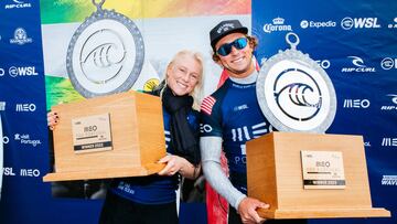 PENICHE, PORTUGAL - MARCH 7: Griffin Colapinto of the United States and Tatiana Weston-Webb of Brazil after winning the Final at the MEO Pro Portugal on March 7, 2022 in Peniche, Portugal. (Photo by Damien Poullenot/World Surf League)