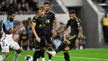 Oct 4, 2023; Los Angeles, California, USA; Los Angeles FC forward Denis Bouanga (99) scores a goal against Minnesota United during the the first half at BMO Stadium. Mandatory Credit: Kelvin Kuo-USA TODAY Sports