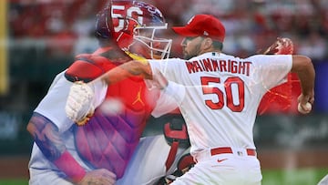 St. Louis Cardinals starting pitcher Adam Wainwright pitches to catcher Yadier Molina during their MLB record 325th career battery start in the first inning against the Milwaukee Brewers at Busch Stadium.