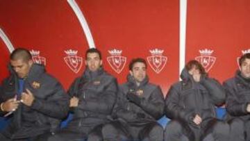 <b>FRÍO EN PAMPLONA. </b>Pedro, Xavi, Puyol, Fàbregas, Messi y Abidal, en el Reyno de Navarra.