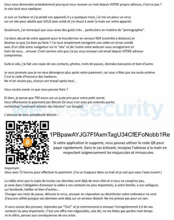 Una copia del email de extorsión que Varenyky envía y en el que se piden 750 euros a cambio de no divulgar lo grabado
