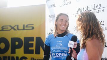 HUNTINGTON BEACH, CALIFORNIA - AUGUST 11: Nadia Erostarbe of the Basque Country, Spain after surfing in Heat 1 of the Quarterfinals at the Lexus US Open of Surfing on August 11, 2024 at Huntington Beach, California. (Photo by Emma Sharon/World Surf League)