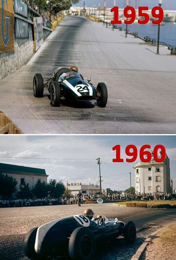 El australiano Jack Brabham logró en 1959 su primer título mundial con el Cooper-Coventry Clímax T51 de 2,5 litros, consiguiendo su primera victoria en el circuito de Mónaco (en la imagen). Al año siguiente conseguiría su segundo título consecutivo con el T53. Obtuvo esa temporada un total de cinco victorias (de manera consecutiva), de un total de 10 carreras. En la imagen durante el GP de Argentina en el Autodromo Juan y Oscar Galvez de Buenos Aires el 07 de febrero de 1960.