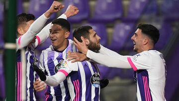 VALLADOLID, SPAIN - DECEMBER 11: Shon Weissman of Valladolid celebrates with team mates (l - r) Roberto, Marcos Andre and Kike Perez after scoring their sides third goal during the La Liga Santander match between Real Valladolid CF and C.A. Osasuna at Est