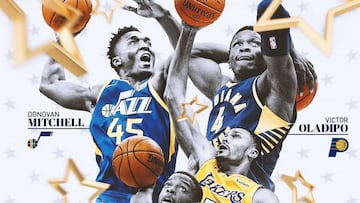 Los participantes del concurso de mates: Donovan Mitchell (Jazz), Victor Oladipo (Indiana Pacers), Dennis Smith Jr (Mavericks) y Larry Nance Jr (Cavaliers).