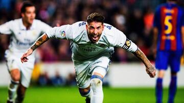 Ramos celebrates a late, late goal against Barcelona