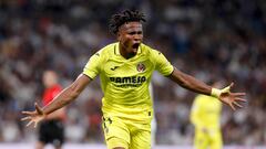 Chukwueze celebra uno de sus goles en el Bernabéu.