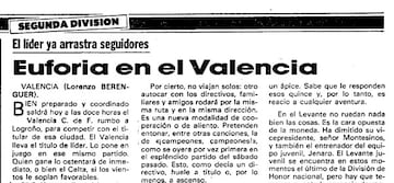 Noticia del Diario AS del 13 de diciembre de 1986 en la que se informaba que acomparían aficionados del Valencia al equipo en su visita a Las Gaunas. 