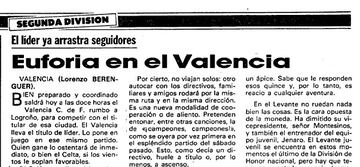 Noticia del Diario AS del 13 de diciembre de 1986 en la que se informaba que acompar¨ªan aficionados del Valencia al equipo en su visita a Las Gaunas.