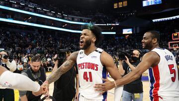 SAN FRANCISCO, CALIFORNIA - JANUARY 04: Saddiq Bey #41 of the Detroit Pistons reacts after he made a three-point basket at the buzzer to beat the Golden State Warriors at Chase Center on January 04, 2023 in San Francisco, California. NOTE TO USER: User expressly acknowledges and agrees that, by downloading and or using this photograph, User is consenting to the terms and conditions of the Getty Images License Agreement. Ezra Shaw/Getty Images/AFP (Photo by EZRA SHAW / GETTY IMAGES NORTH AMERICA / Getty Images via AFP)