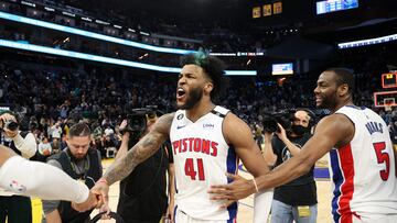 SAN FRANCISCO, CALIFORNIA - JANUARY 04: Saddiq Bey #41 of the Detroit Pistons reacts after he made a three-point basket at the buzzer to beat the Golden State Warriors at Chase Center on January 04, 2023 in San Francisco, California. NOTE TO USER: User expressly acknowledges and agrees that, by downloading and or using this photograph, User is consenting to the terms and conditions of the Getty Images License Agreement.   Ezra Shaw/Getty Images/AFP (Photo by EZRA SHAW / GETTY IMAGES NORTH AMERICA / Getty Images via AFP)