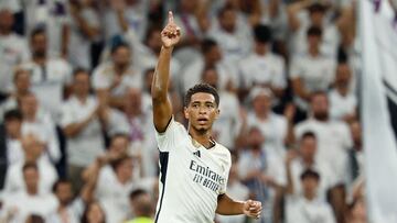 MADRID, 20/09/2023.- El centrocampista inglés del Real Madrid Jude Bellingham celebra tras marcar el 1-0 durante el encuentro del grupo C de Liga de Campeones entre Real Madrid y Unión Berlín, este miércoles en el Estadio Santiago Bernabéu en Madrid. EFE/ Rodrigo Jiménez
