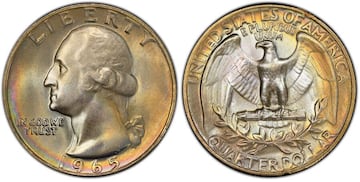 25-cent coin from 1965 with Washington on the obverse and eagle on the reverse. PCGS