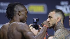 LAS VEGAS, NEVADA - APRIL 12: (L-R) Opponents Jalin Turner and Renato Moicano of Brazil face off during the UFC 300 ceremonial weigh-in at MGM Grand Garden Arena on April 12, 2024 in Las Vegas, Nevada.   Carmen Mandato/Getty Images/AFP (Photo by Carmen Mandato / GETTY IMAGES NORTH AMERICA / Getty Images via AFP)