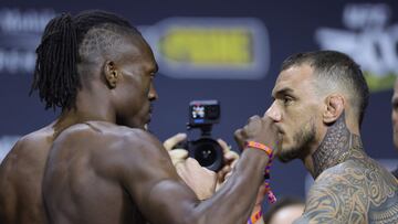 LAS VEGAS, NEVADA - APRIL 12: (L-R) Opponents Jalin Turner and Renato Moicano of Brazil face off during the UFC 300 ceremonial weigh-in at MGM Grand Garden Arena on April 12, 2024 in Las Vegas, Nevada.   Carmen Mandato/Getty Images/AFP (Photo by Carmen Mandato / GETTY IMAGES NORTH AMERICA / Getty Images via AFP)