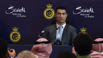 Portuguese forward Cristiano Ronaldo attends a press conference at the Mrsool Park Stadium in the Saudi capital Riyadh on January 3, 2023, ahead of the unveiling ceremony. (Photo by AFP)