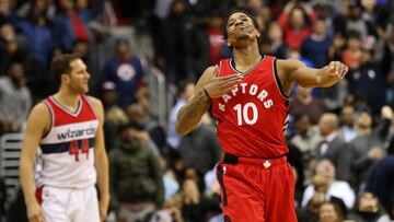 Mar 3, 2017; Washington, DC, USA; Toronto Raptors guard DeMar DeRozan (10) celebrates after making a three point field goal against the Washington Wizards in the final minute of the fourth quarter at Verizon Center. The Raptors won 114-106. Mandatory Credit: Geoff Burke-USA TODAY Sports