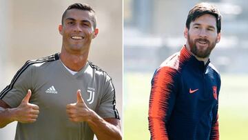 Im&aacute;genes de Cristiano Ronaldo haciendo la se&ntilde;al de ok en su primer entrenamiento con la Juventus de Tur&iacute;n y de Lionel Messi medio sonriendo en un entrenamiento con el FC Barcelona.