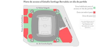 Plano de acceso al Santiago Bernabéu en día de partido.