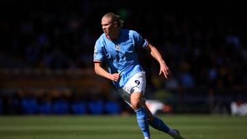 WOLVERHAMPTON, ENGLAND - SEPTEMBER 17: Erling Haaland of Manchester City during the Premier League match between Wolverhampton Wanderers and Manchester City at Molineux on September 17, 2022 in Wolverhampton, United Kingdom. (Photo by Marc Atkins/Getty Images)