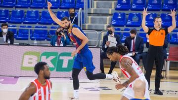 Nikola Mirotic celebra una canasta en el triunfo del Barça ante Estrella Roja en la décima jornada de la Euroliga 2020/21, en el Palau Blaugrana