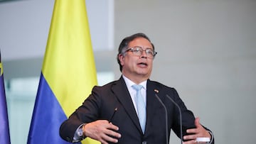 Colombian President Gustavo Petro speaks during a press conference with German Chancellor Olaf Scholz (not pictured), in Berlin, Germany, June 16, 2023. REUTERS/Nadja Wohlleben