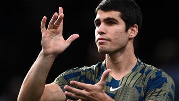 Spain's Carlos Alcaraz Garfia celebrates after victory at the end of the men's singles round of 16 tennis match between Spain's Carlos Alcaraz Garfia and Japan's Yoshihito Nishioka on day three of the ATP World Tour Masters 1000 - Paris Masters (Paris Bercy) - indoor tennis tournament at The AccorHotels Arena in Paris on November 2, 2022. (Photo by Christophe ARCHAMBAULT / AFP)