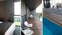 Uno de los dormitorios, la terraza y la piscina con la que cuentan los jugadores en Valdebebas. 
