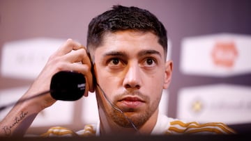 Soccer Football - Spanish Super Cup - Real Madrid Press Conference - Al Nassr FC Facilities, Riyadh, Saudi Arabia - January 9, 2024 Real Madrid's Federico Valverde during the press conference REUTERS/Juan Medina