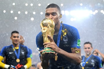 Kylian Mbappé kisses the World Cup trophy (2018)