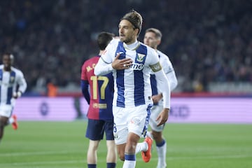 El defensa del Leganés Sergio González celebra su gol, que le dió la victoria al equipo pepinero.